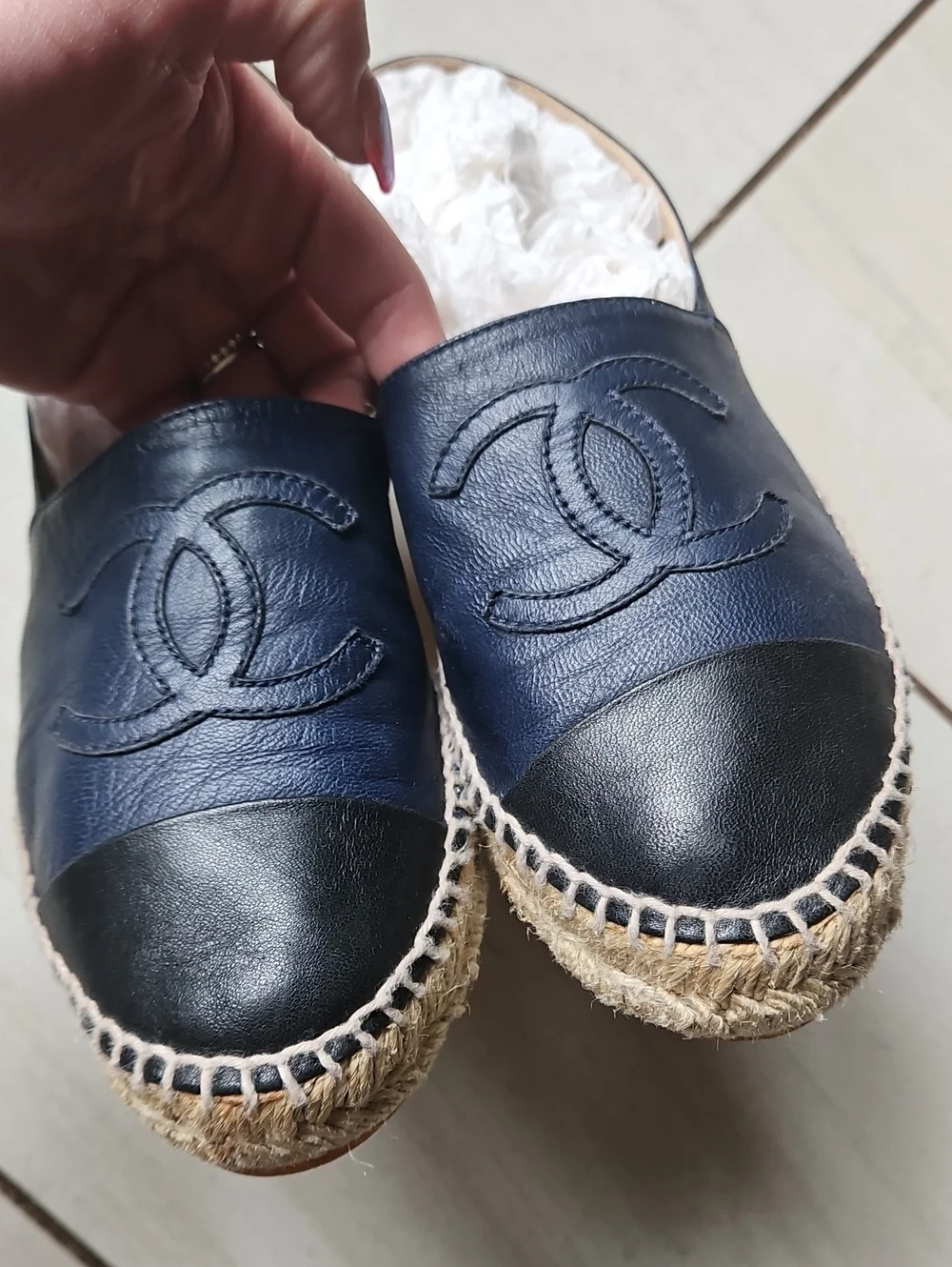 CHANEL Navy Black Lambskin Leather CC Espadrilles [Size 37]